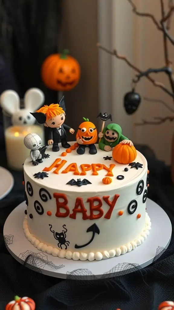 19 Creative Halloween Baby Shower Ideas to Spook Up Your Celebration 13 A goblin themed cake decorated with Halloween characters, pumpkins, and spooky elements.