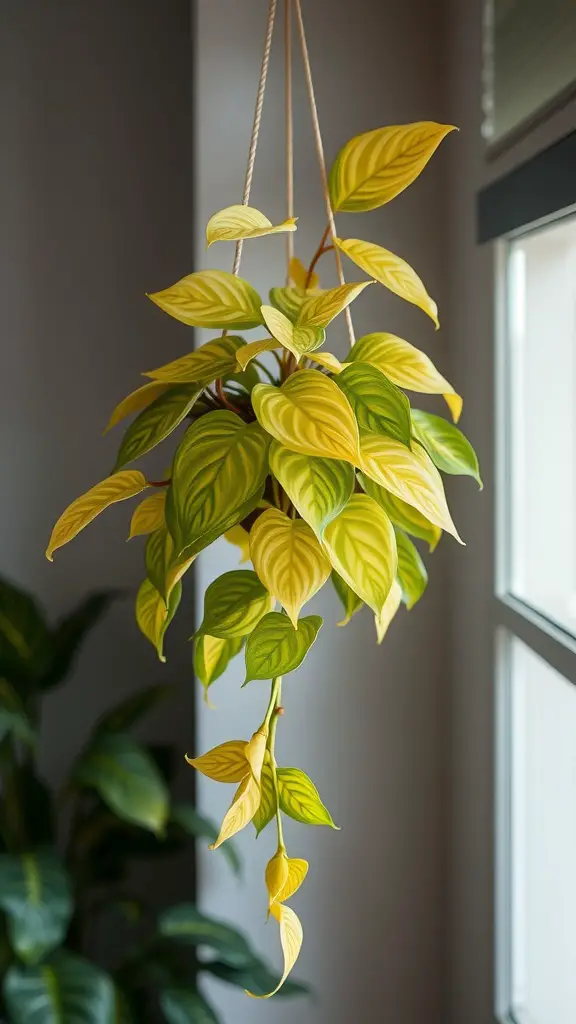 15 Stunning Indoor Hanging Plants to Transform Your Space 6 A hanging Golden Pothos plant with vibrant yellow and green leaves, displayed near a window.