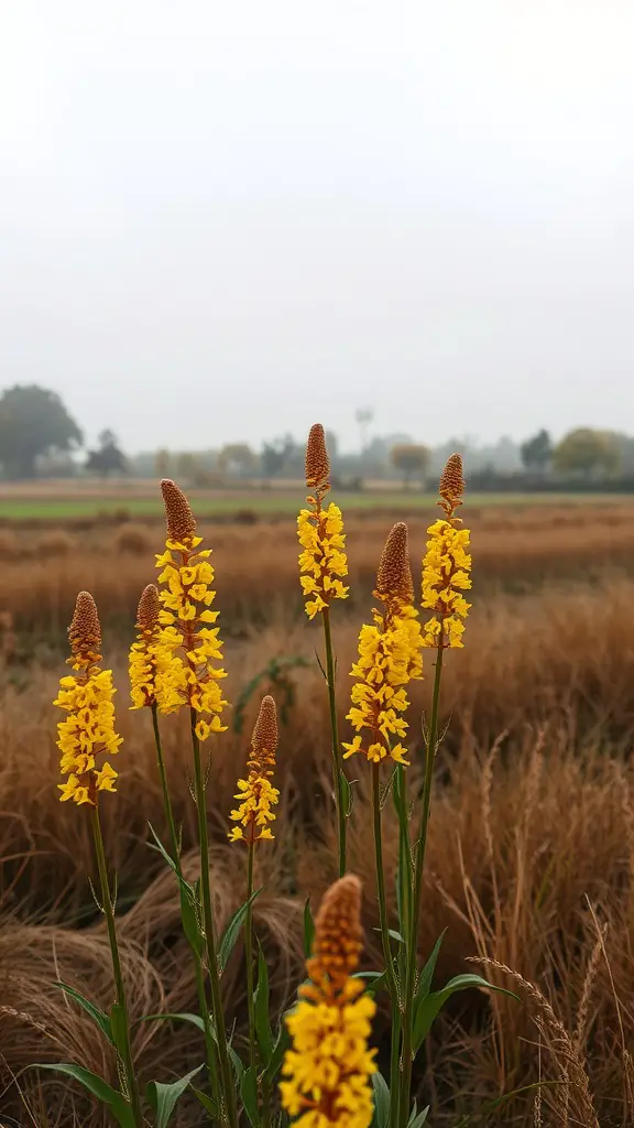 23 Stunning Fall Flower Garden Ideas to Transform Your Outdoor Space 12 A field of tall goldenrod flowers in bloom, with a soft focus on the background, showcasing their vibrant yellow color against the muted autumn landscape.