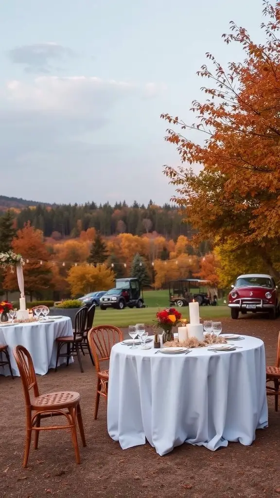 Outdoor bridal shower setup with tables and fall foliage