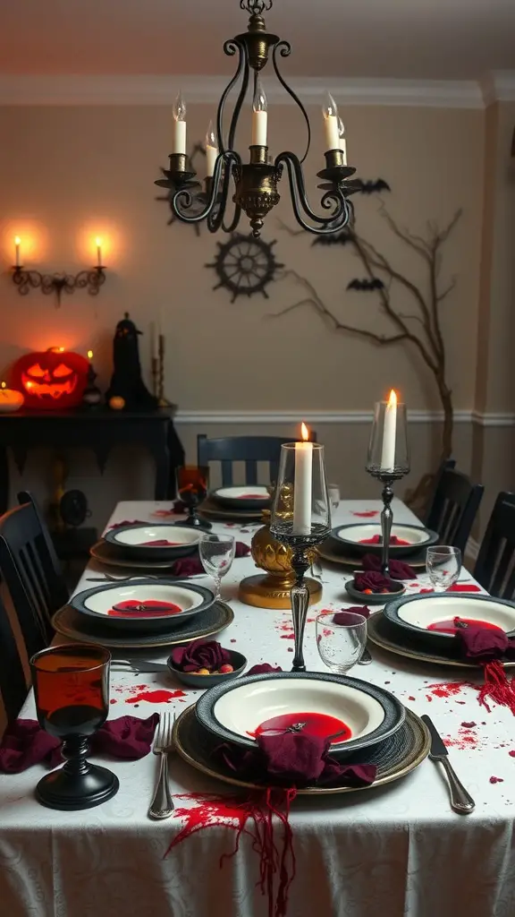 A spooky Halloween table setting featuring dark plates, blood-red decorations, flickering candles, and eerie wall decor.