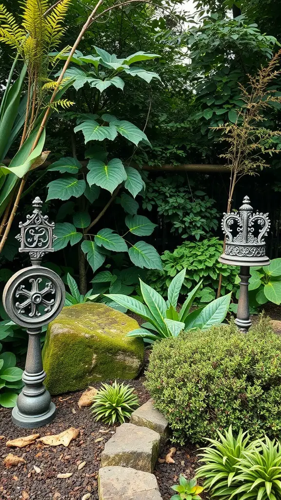 Gothic-inspired garden ornaments among lush greenery and moss-covered stones.