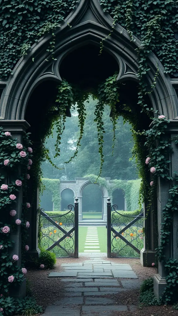 Gothic arches covered in ivy and roses, leading to a lush garden.