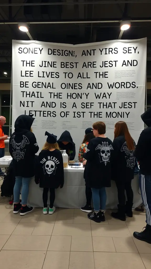 21 Spooktacular Goth Baby Shower Ideas You’ll Love 15 A group of guests at a Gothic Onesie Decoration Station, wearing matching hoodies and surrounded by gothic-themed decorations.