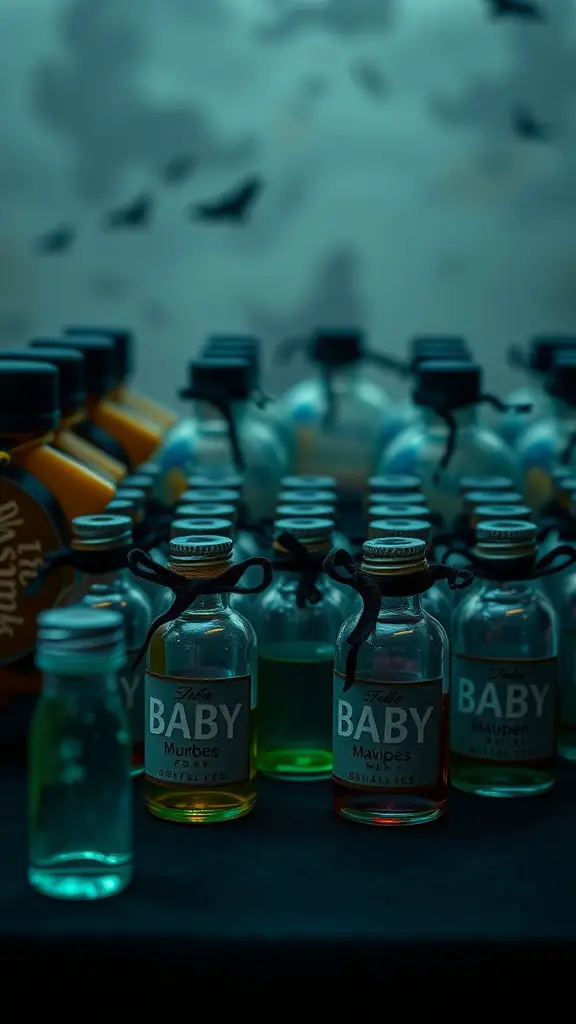 21 Spooktacular Goth Baby Shower Ideas You’ll Love 11 A collection of small glass bottles with colorful liquids, labeled with whimsical names for a gothic themed baby shower.