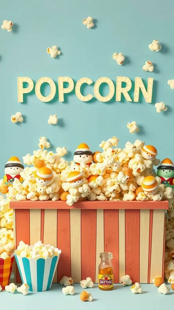 21 Stunning Grazing Table Ideas for Your Next Celebration 13 A colorful popcorn station with a large box filled with popcorn, various flavor toppings, and playful decorations.