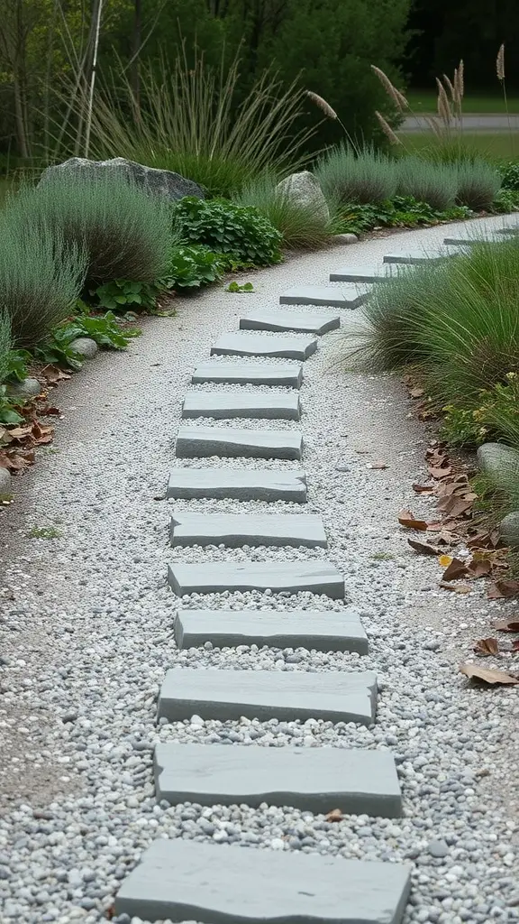21 Stunning Pathway Landscaping Ideas to Enhance Your Outdoor Space 10 A gravel walkway with smooth stones bordered by green plants.
