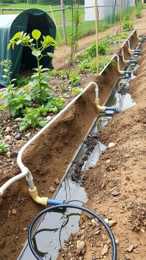 15 Creative Garden Irrigation Ideas for a Thriving Garden 11 A gravity-fed irrigation system with pipes running through a sloped garden, directing water to plants.