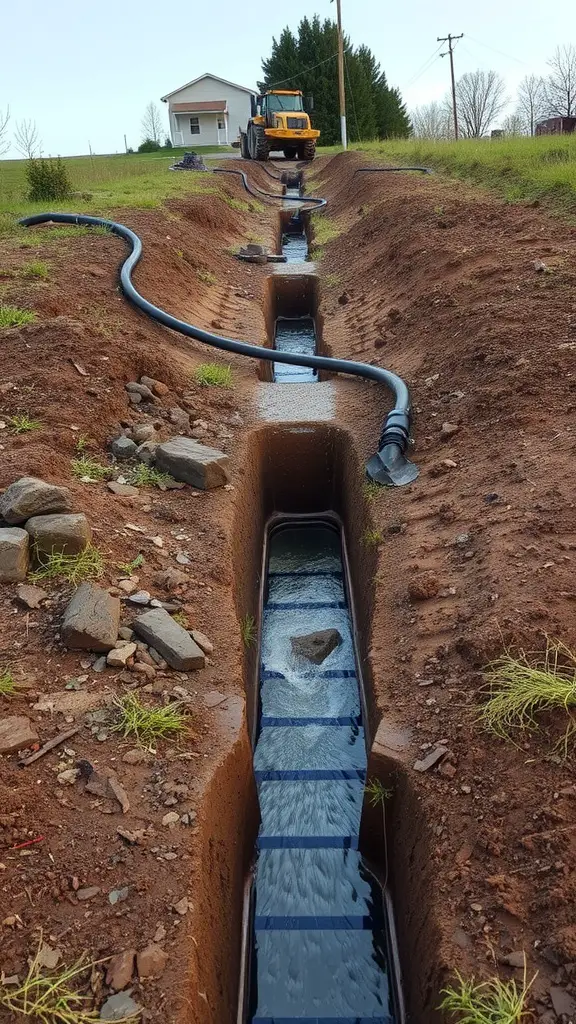 A drainage trench on a sloped landscape with a pipe system and construction equipment nearby.