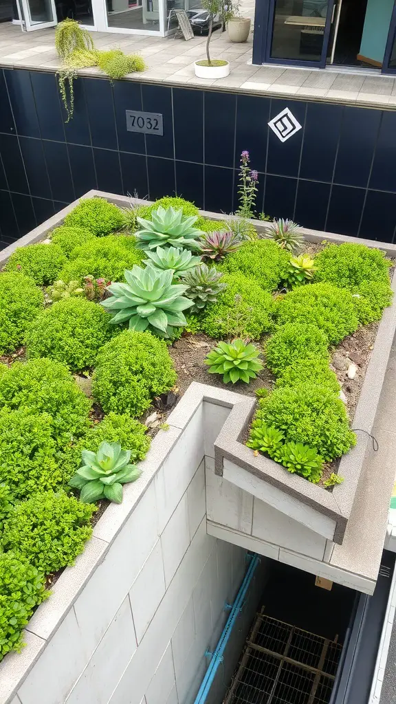 A green roof with various plants on a building, showcasing an innovative drainage solution.