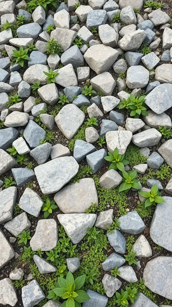 19 Stunning Rock Garden Landscaping Ideas to Transform Your Outdoor Space 12 A rock garden featuring various sizes of stones and patches of green ground cover plants.