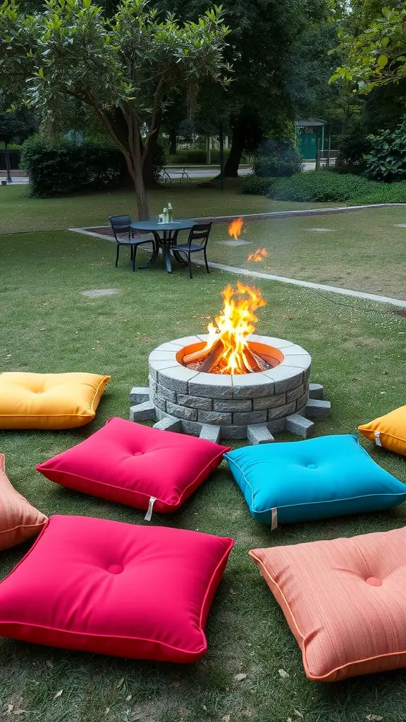 19 Stylish Outdoor Fire Pit Seating Ideas for Cozy Gatherings 15 Ground seating around a fire pit with colorful cushions in pink, blue, and yellow.