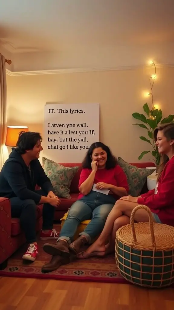 Three friends playing Guess the Song Lyrics game in a cozy living room.