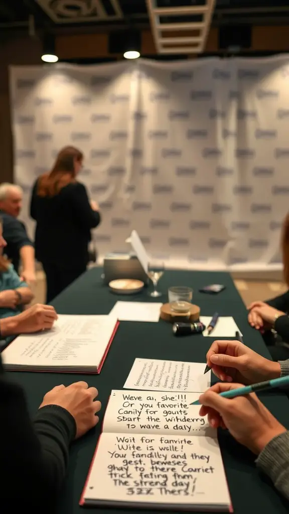 Guests writing in a guest book at a signing day event, with a focus on the notes being created.