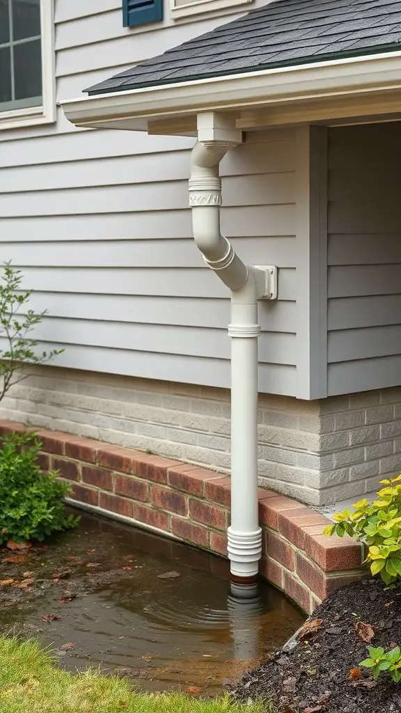 23 Creative Rain Gutter Drainage Ideas for Your Home 2 A white downspout extending from a house, directing water into a drainage area with some standing water.