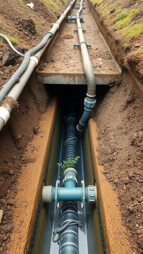 23 Creative Rain Gutter Drainage Ideas for Your Home 17 Image showing a trench with underground drainage pipes laid out, intended for rainwater management.