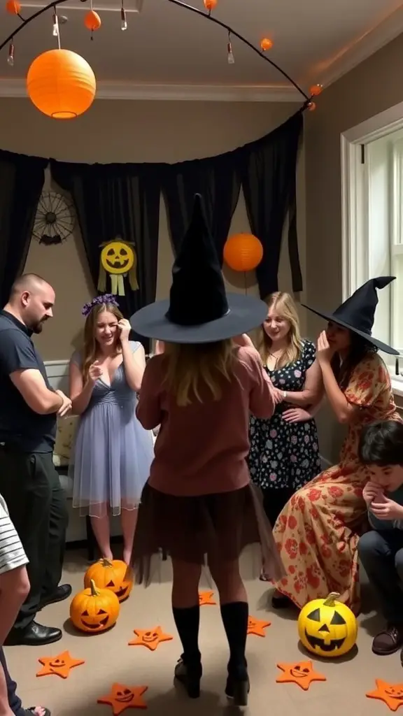19 Creative Halloween Baby Shower Ideas to Spook Up Your Celebration 15 A group of people enjoying a Halloween-themed baby shower game with pumpkins and decorations.