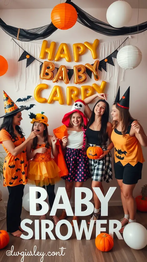 19 Creative Halloween Baby Shower Ideas to Spook Up Your Celebration 9 A group of friends celebrating a Halloween-themed baby shower with costumes and festive decorations.