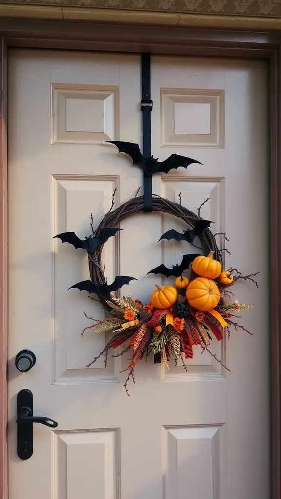 13 Stunning DIY Wreaths to Welcome You Home 10 A Halloween wreath with pumpkins and bats hanging on a front door.
