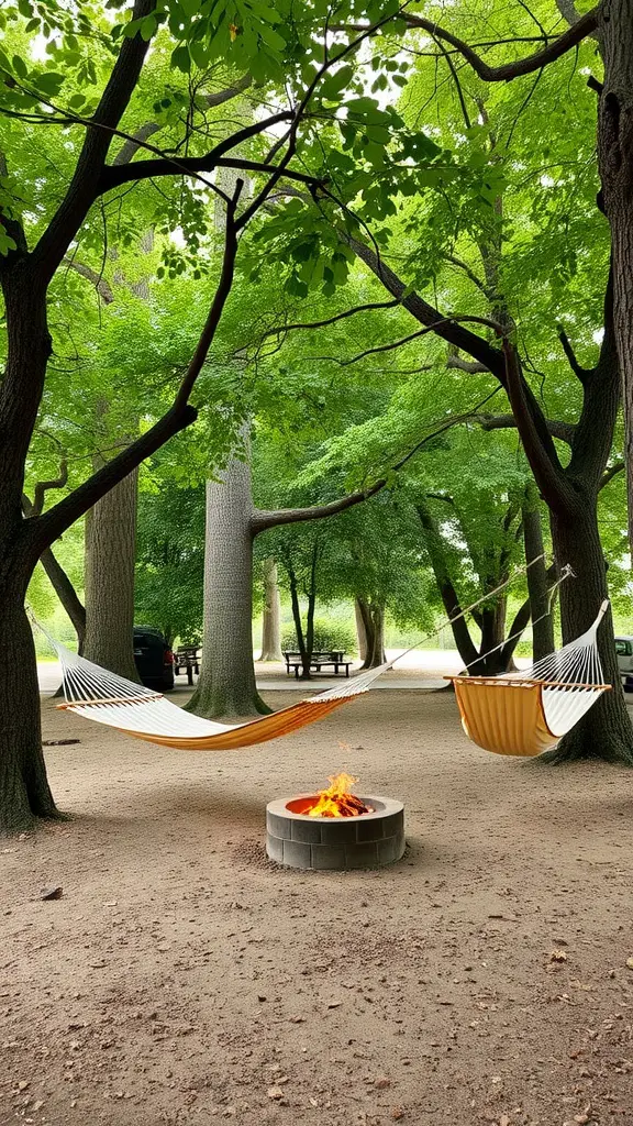 19 Stylish Outdoor Fire Pit Seating Ideas for Cozy Gatherings 14 A peaceful outdoor setup with two hammocks next to a fire pit, surrounded by lush green trees.
