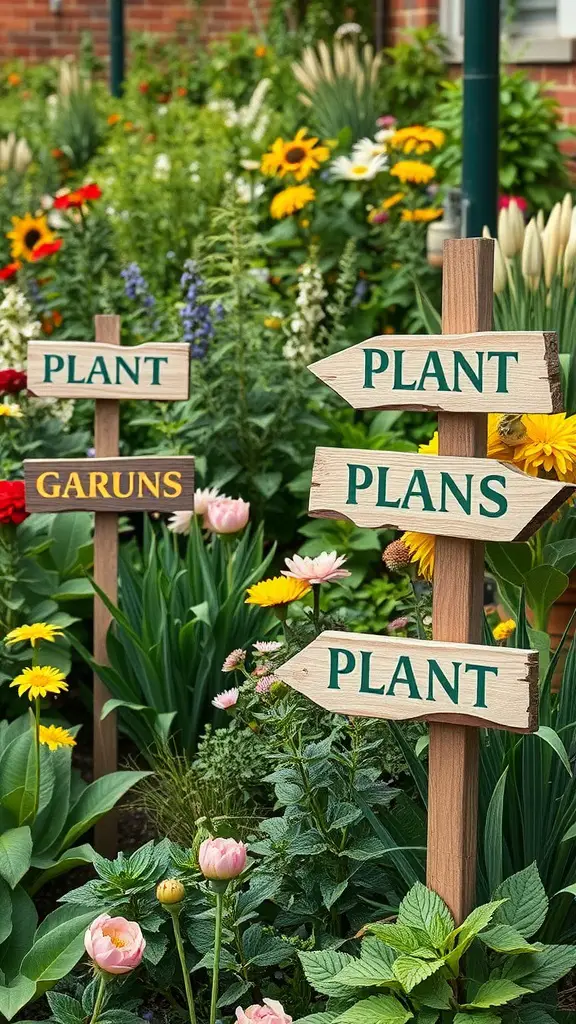 Hand-painted wooden garden signs labeled 'PLANT', 'GARUNS', and 'PLANS' amid colorful flowers.