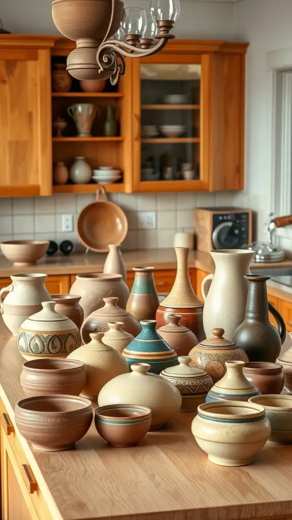 A collection of handcrafted pottery on a kitchen island, featuring various shapes and colors.