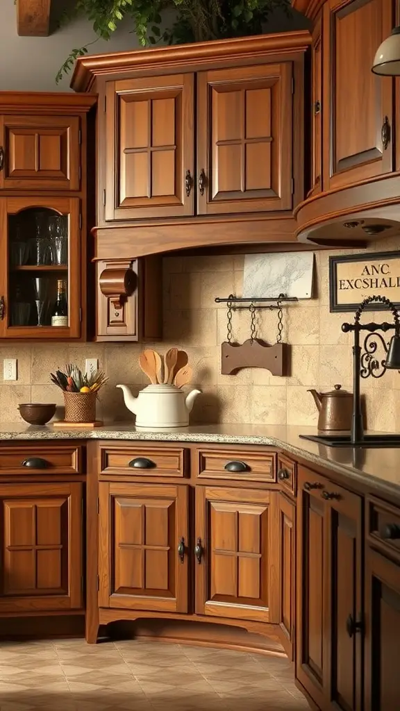 A Tuscan kitchen featuring handcrafted wooden cabinetry with rich brown colors and stylish storage solutions.