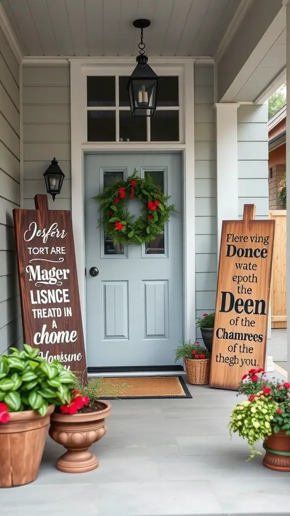 Wooden signs with welcoming phrases beside a front door adorned with a wreath and colorful potted plants.