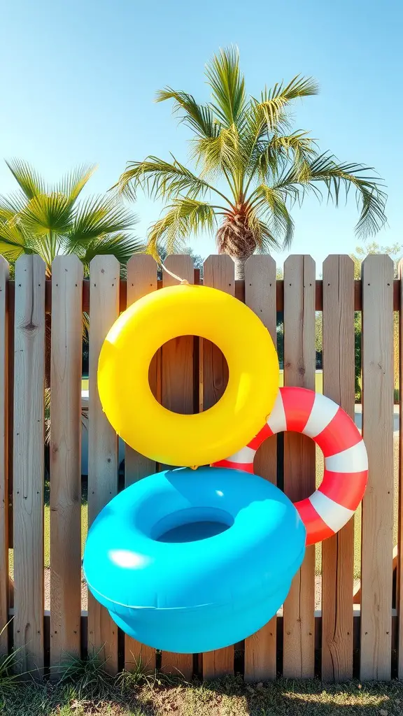 19 Creative Pool Float Storage Ideas You'll Love 4 Colorful pool floats hung on a wooden fence with palm trees in the background
