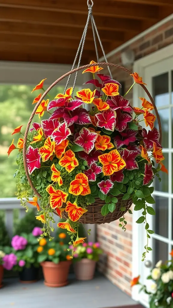21 Stunning Coleus Planter Ideas to Transform Your Garden 7 A vibrant hanging basket filled with colorful coleus plants featuring red and yellow leaves.
