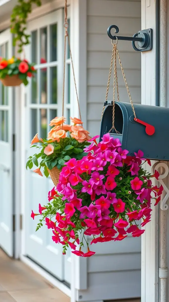 17 Creative Mailbox Landscaping Ideas You’ll Love 7 Colorful hanging baskets with pink petunias and orange flowers beside a mailbox.