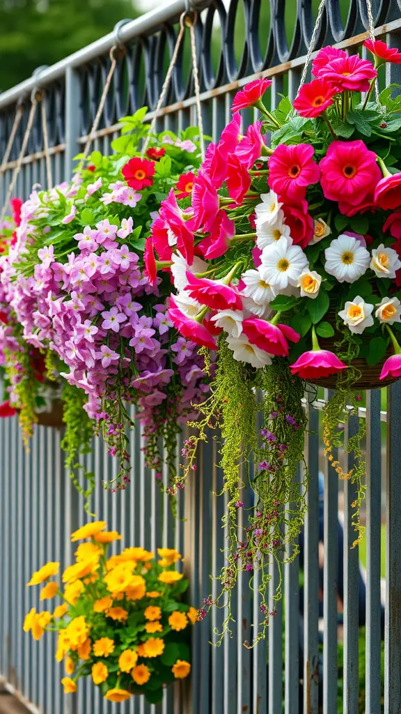 17 Creative Landscaping Ideas for Your Fence Area 2 Colorful hanging flower baskets on a fence