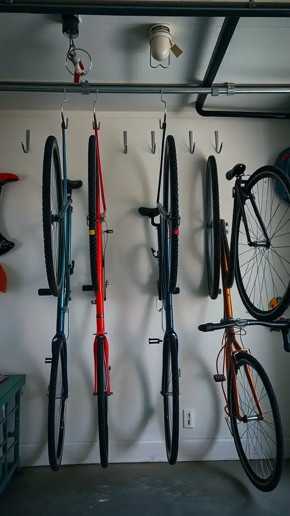 21 Creative Bike Storage Ideas for Small Spaces 13 Bikes hanging on hooks in a garage, showcasing a space-saving storage solution.
