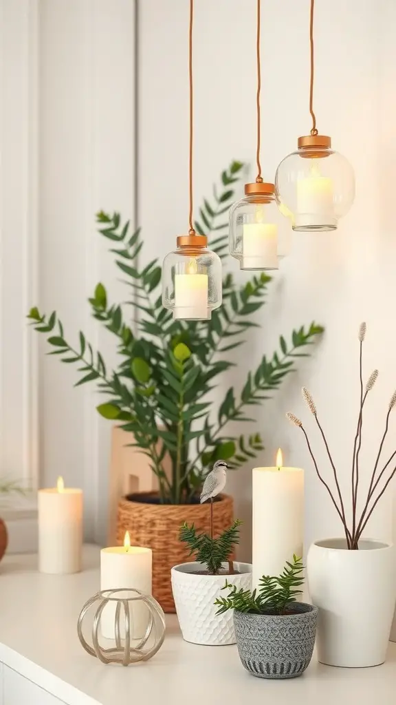 17 Creative Hanging Garden Ideas to Enhance Your Space 12 A decorative setup of hanging candles in jars with plants and candles on a table