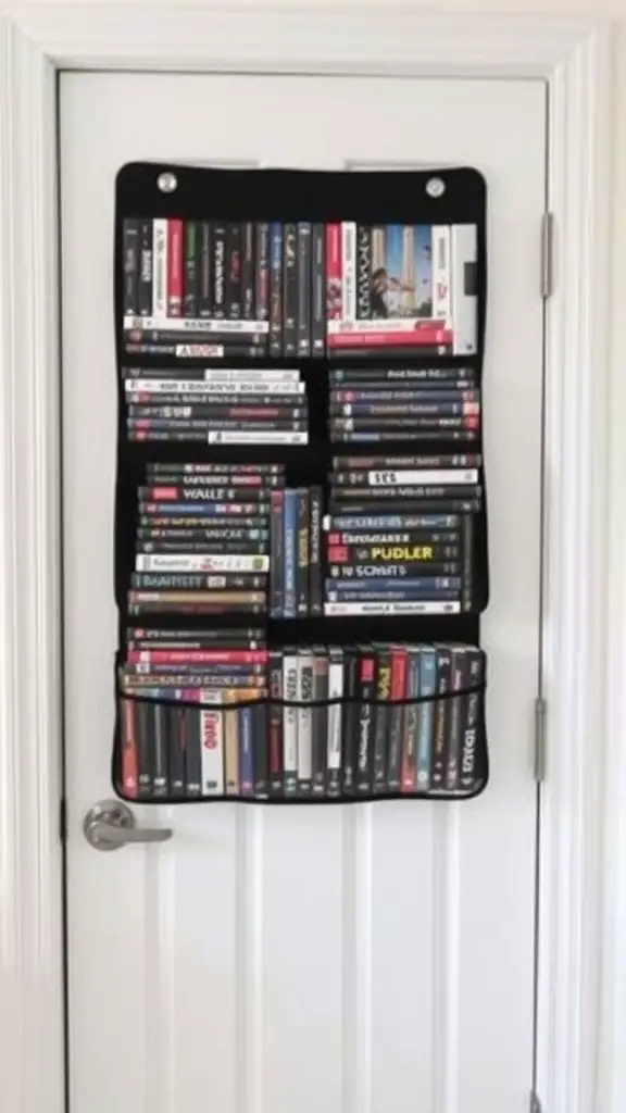 21 Creative DVD Storage Solutions for an Organized Home 12 A hanging DVD organizer mounted on a door, displaying multiple DVD cases in organized pockets.