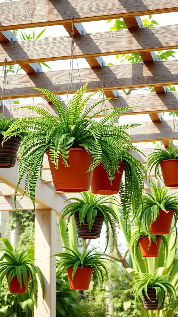 15 Creative Fern Garden Ideas for a Lush Outdoor Retreat 9 Lush hanging fern planters in various pots creating vertical interest in a garden setting.