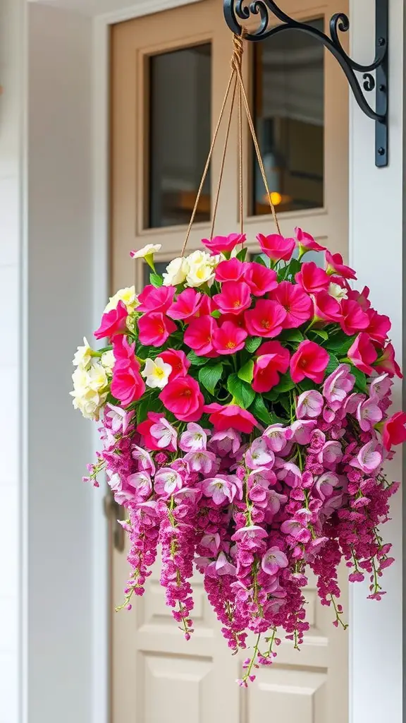 19 Stunning Front Door Planter Ideas to Elevate Your Entryway 7 A vibrant hanging flower basket filled with pink and purple flowers, hanging near a front door.