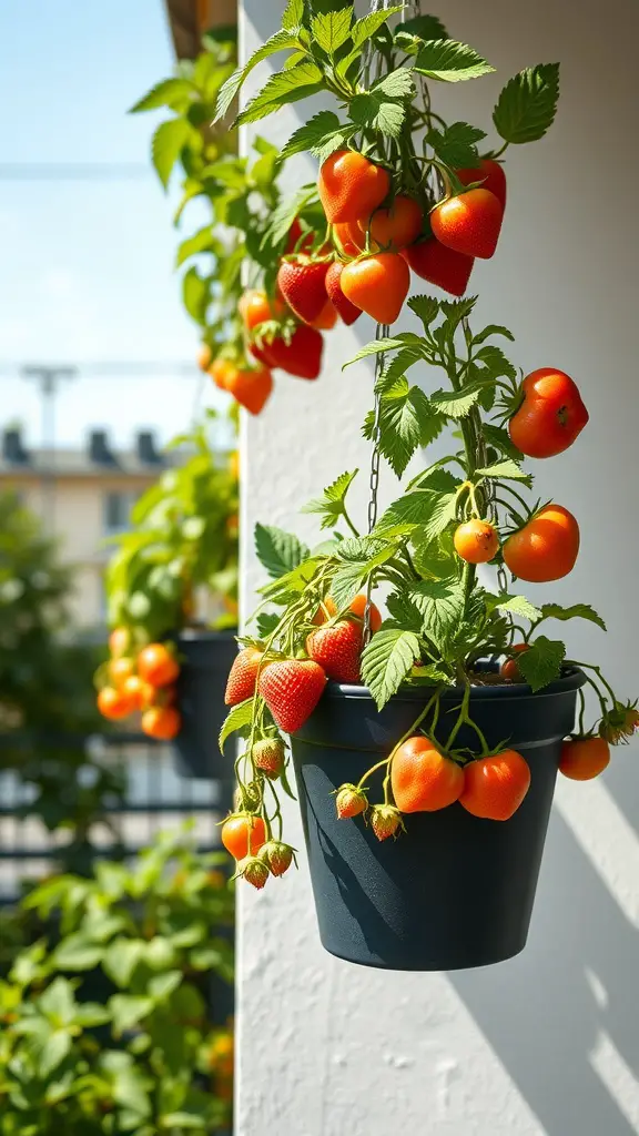 17 Creative Hanging Garden Ideas to Enhance Your Space 14 A hanging garden with ripe strawberries and tomatoes in pots