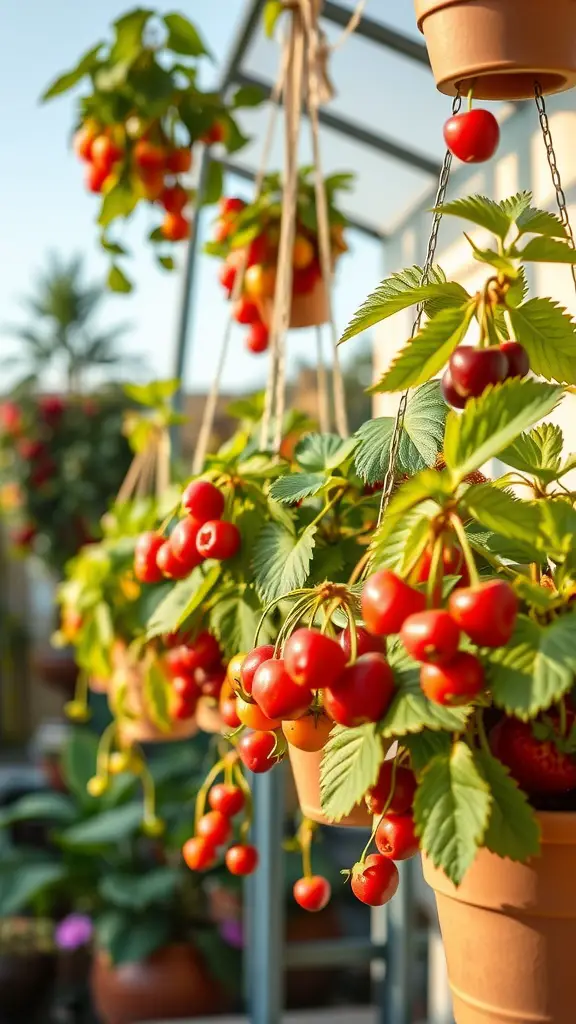 17 Creative Hanging Garden Ideas for Your Home and Balcony 16 Hanging pots with strawberries and cherries in a garden setting