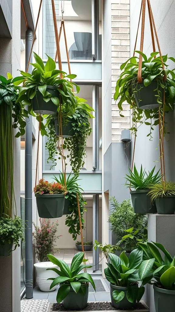 17 Creative Hanging Garden Ideas for Your Home and Balcony 15 A small space featuring hanging plants in pots suspended by ropes, surrounded by additional greenery for a lush effect.