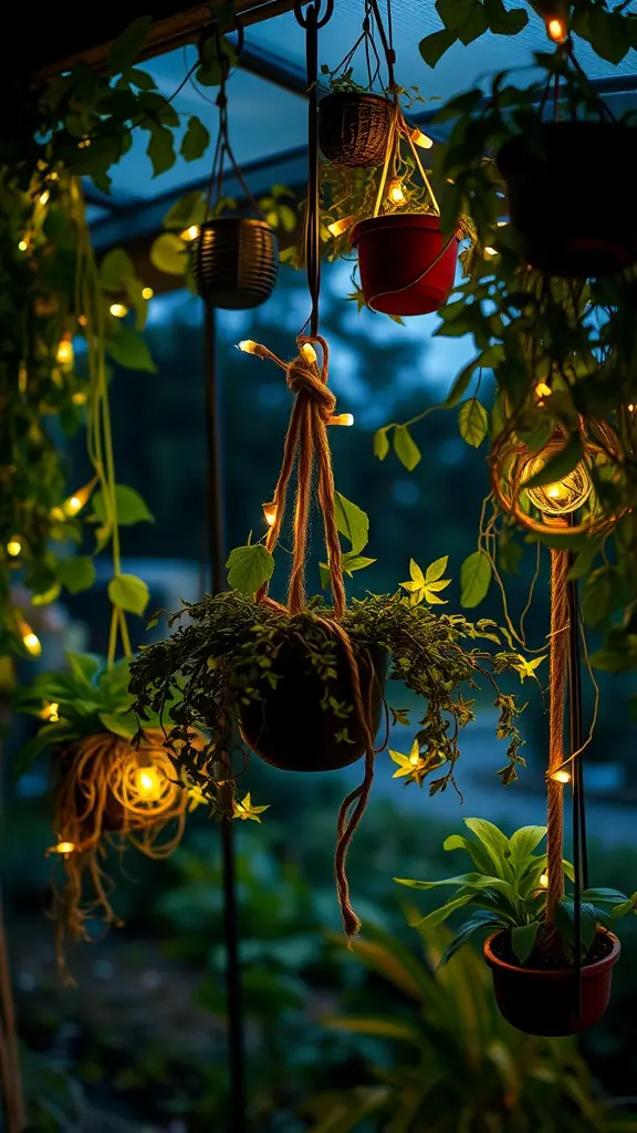 17 Creative Hanging Garden Ideas for Your Home and Balcony 17 A hanging garden with various plants illuminated by soft fairy lights.