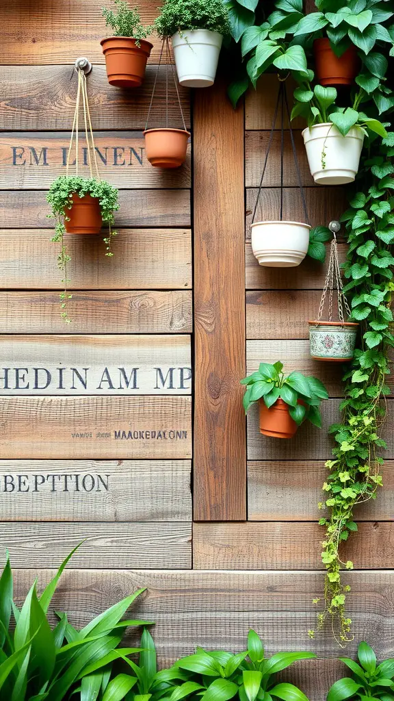A wall with hanging pots of plants attached to a wooden surface
