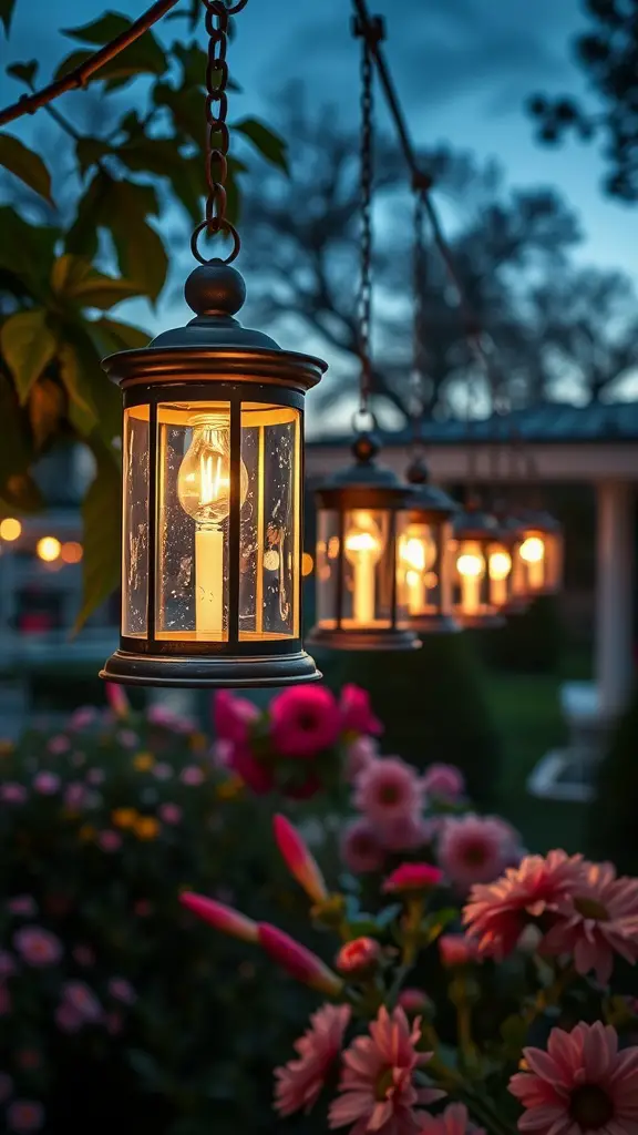 21 Creative Garden Lantern Ideas to Illuminate Your Outdoor Space 8 A row of hanging glass lanterns glowing softly in a garden filled with colorful flowers.