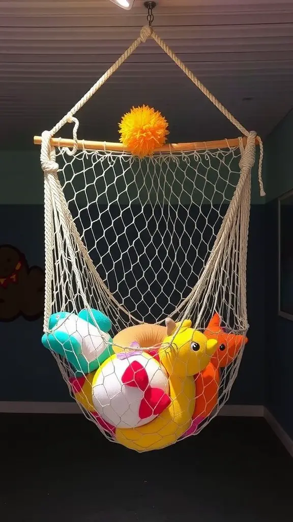 15 Creative Pool Toy Storage Ideas to Keep Your Backyard Organized 11 A hanging hammock filled with colorful soft pool toys.
