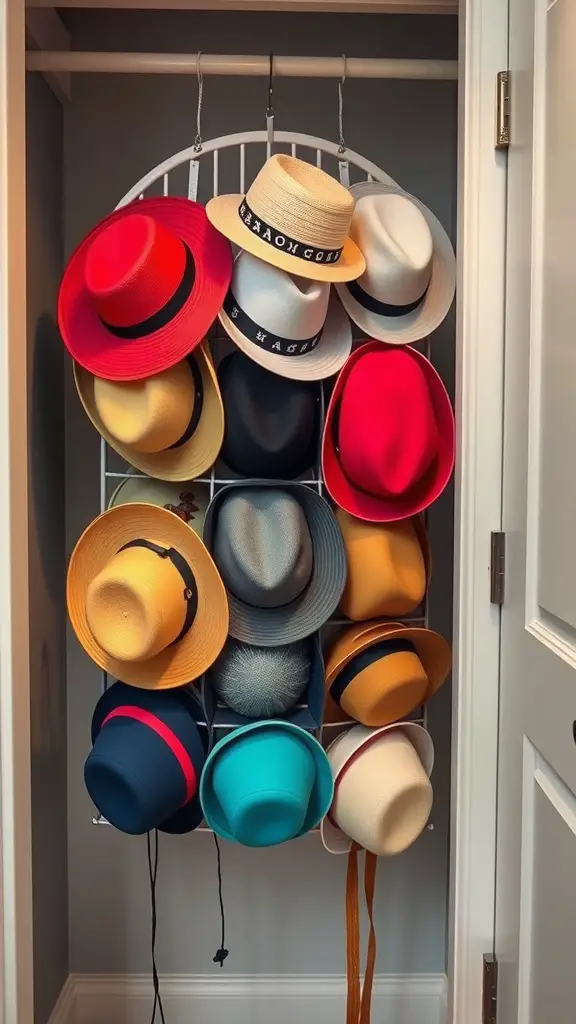 19 Creative Hat Storage Ideas for Every Space 7 Hanging hat organizer displaying various colorful hats in a closet