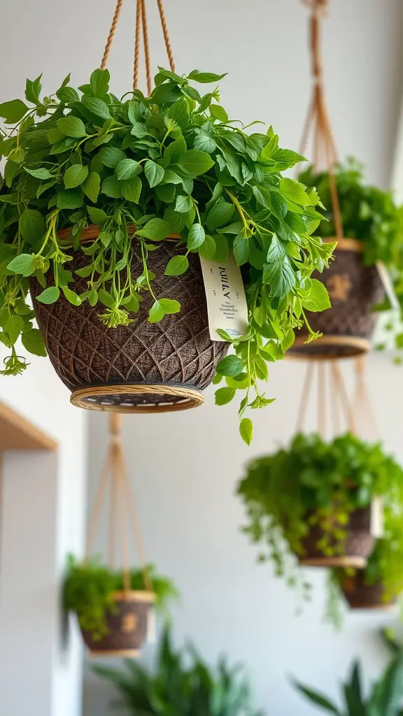 23 Creative Indoor Herb Garden Ideas to Freshen Up Your Space 9 Lush green herbs in hanging baskets, showcasing a vibrant indoor garden setup