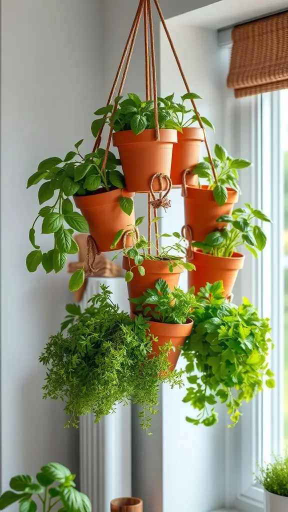17 Creative Hanging Garden Ideas to Enhance Your Space 10 A hanging herb garden with terracotta pots filled with various green herbs, suspended by ropes near a window.