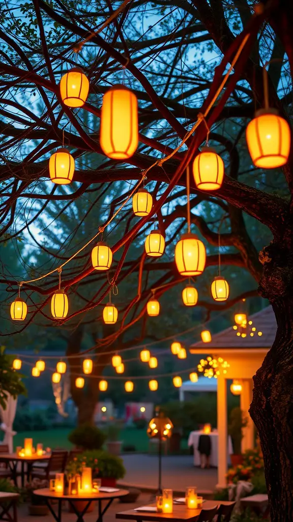 21 Creative Garden Lantern Ideas to Illuminate Your Outdoor Space 10 A beautiful arrangement of hanging lanterns from tree branches, glowing softly against a twilight background.
