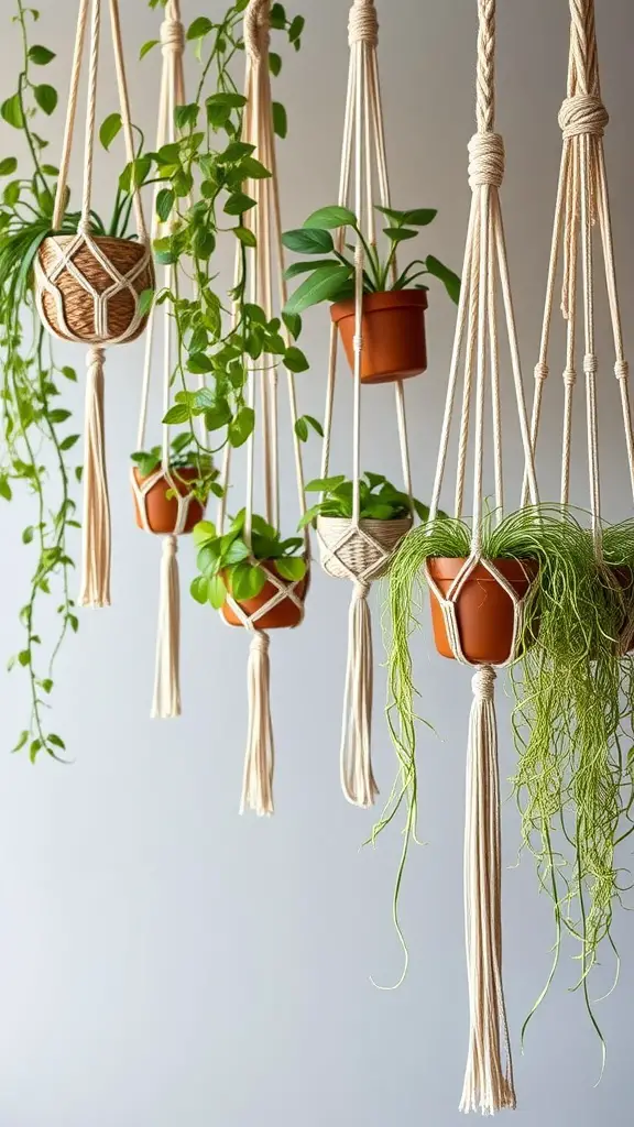 A collection of hanging macrame plant holders with various green plants in terracotta pots.