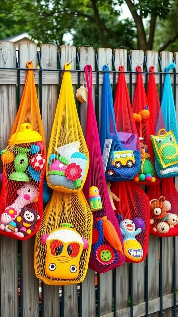 23 Creative Outdoor Toy Storage Ideas for a Clutter-Free Yard 6 Colorful hanging mesh bags filled with various outdoor toys, organized on a fence.
